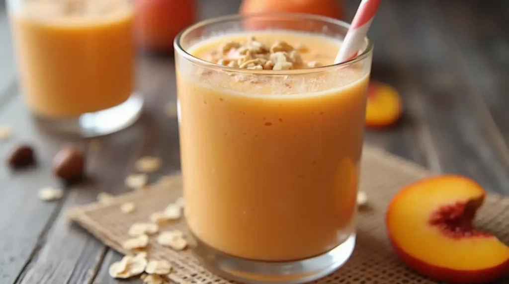 Glass of creamy peach oatmeal protein smoothie with oats, fresh peaches, and protein powder on a wooden table