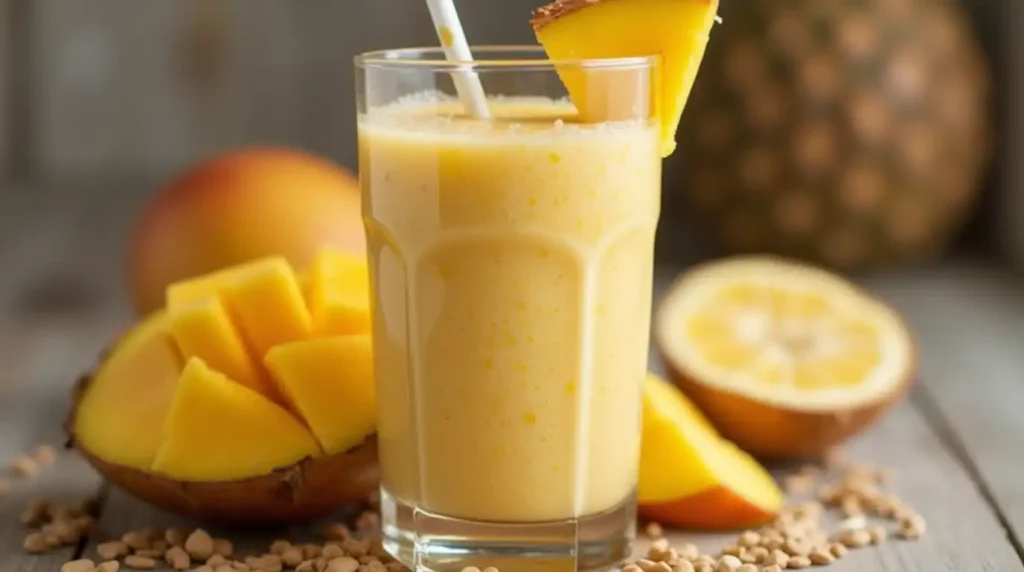 Glass of tropical mango coconut protein shake with fresh mango slices and shredded coconut on top