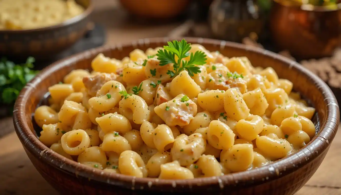 Creamy chicken mac and cheese with melted cheddar and grilled chicken on top