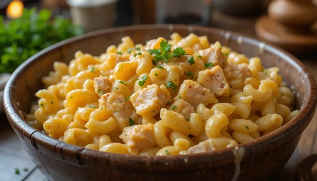 Creamy chicken mac and cheese with melted cheddar and grilled chicken on top