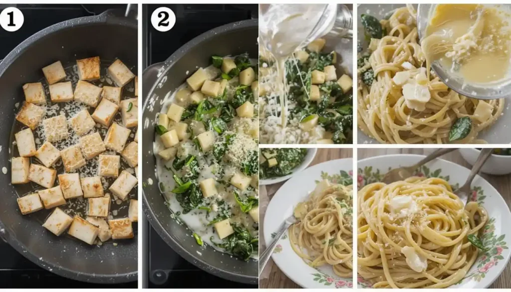 Creamy chicken spinach pasta served in a white bowl with penne pasta, tender grilled chicken slices, fresh wilted spinach, and Parmesan cheese garnish