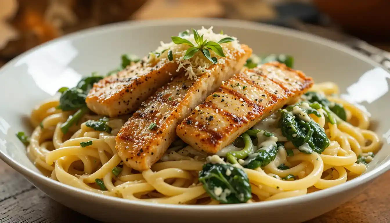 Creamy chicken spinach pasta served in a white bowl with penne pasta, tender grilled chicken slices, fresh wilted spinach, and Parmesan cheese garnish