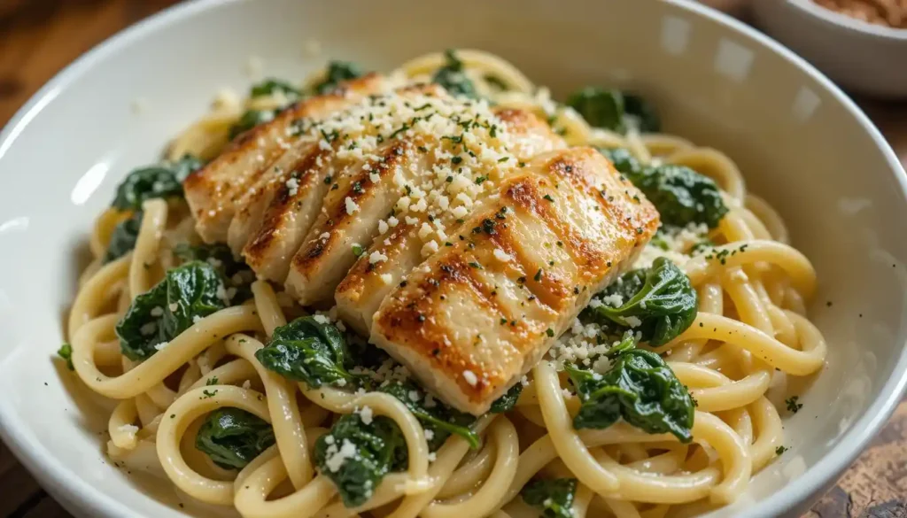 Creamy chicken spinach pasta served in a white bowl with penne pasta, tender grilled chicken slices, fresh wilted spinach, and Parmesan cheese garnish