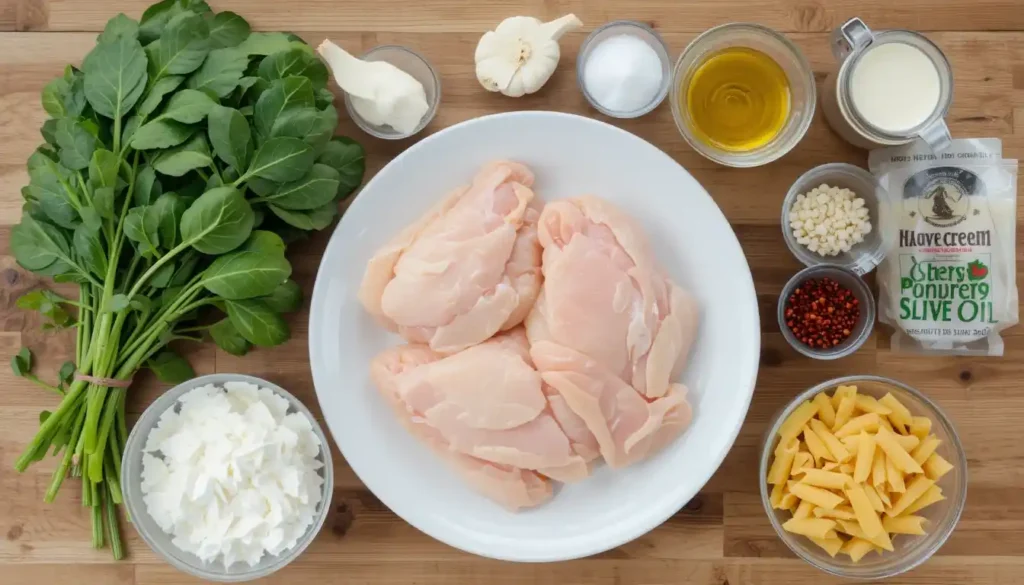 Creamy chicken spinach pasta served in a white bowl with penne pasta, tender grilled chicken slices, fresh wilted spinach, and Parmesan cheese garnish