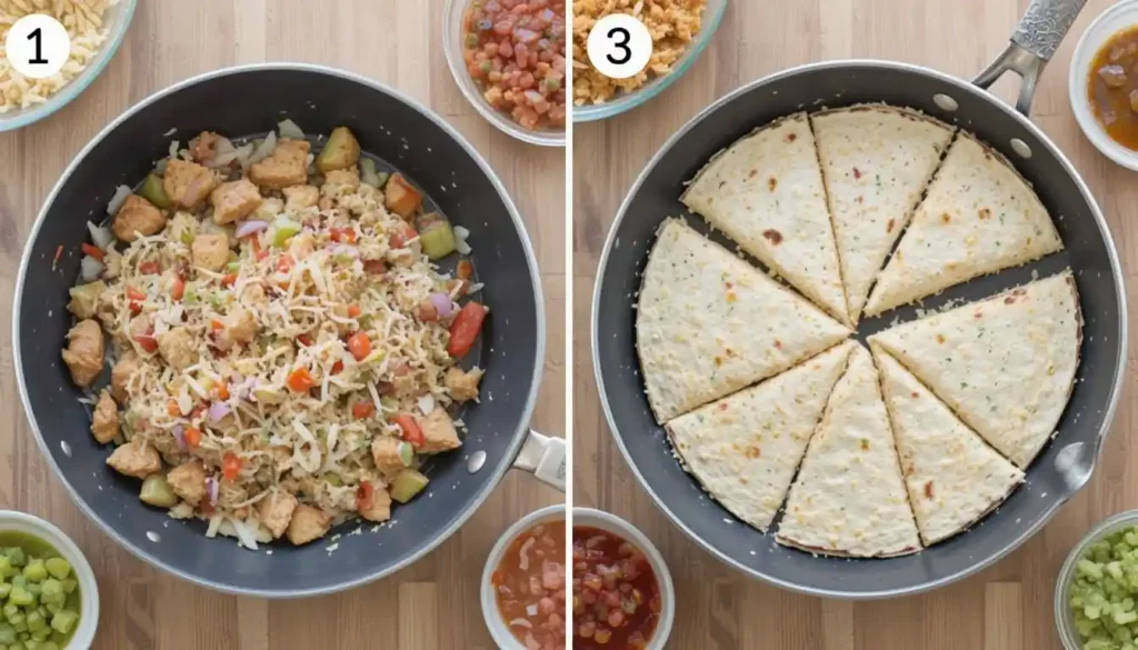 Delicious chicken quesadillas with melted cheese, grilled chicken, and sautéed vegetables, served with salsa and sour cream on the side.