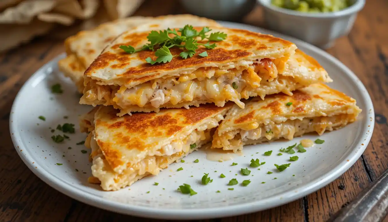 Delicious chicken quesadillas with melted cheese, grilled chicken, and sautéed vegetables, served with salsa and sour cream on the side.