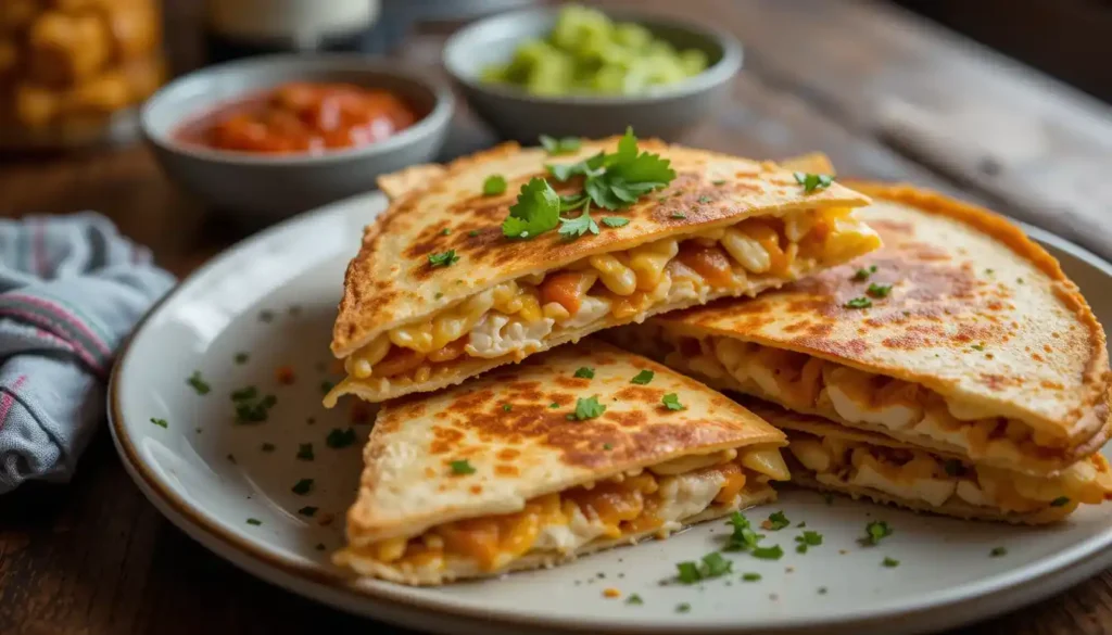 Delicious chicken quesadillas with melted cheese, grilled chicken, and sautéed vegetables, served with salsa and sour cream on the side.
