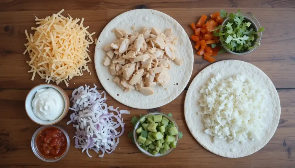 Delicious chicken quesadillas with melted cheese, grilled chicken, and sautéed vegetables, served with salsa and sour cream on the side.