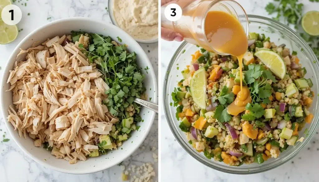 Fresh and vibrant Thai Chicken Salad with grilled chicken, colorful vegetables, herbs, and a tangy lime dressing, topped with crunchy peanuts and served in a bowl