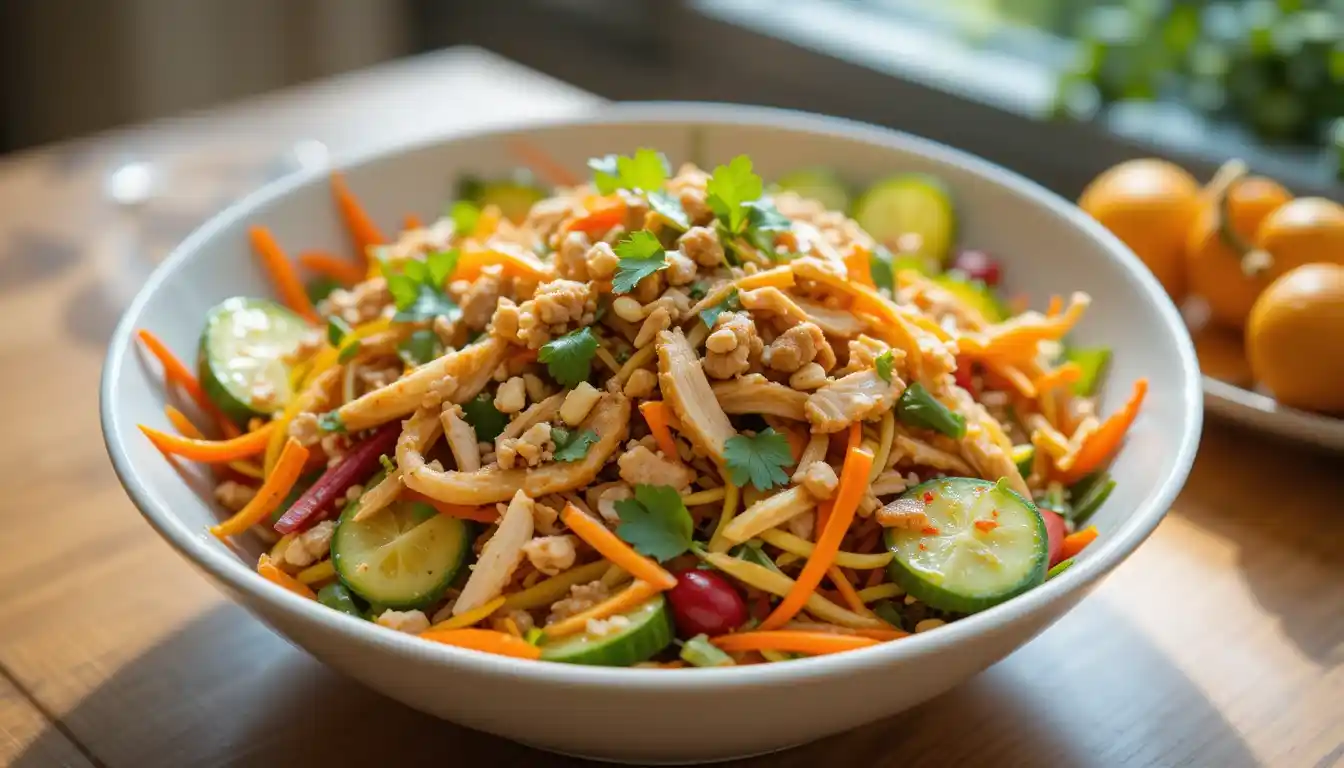 Fresh and vibrant Thai Chicken Salad with grilled chicken, colorful vegetables, herbs, and a tangy lime dressing, topped with crunchy peanuts and served in a bowl