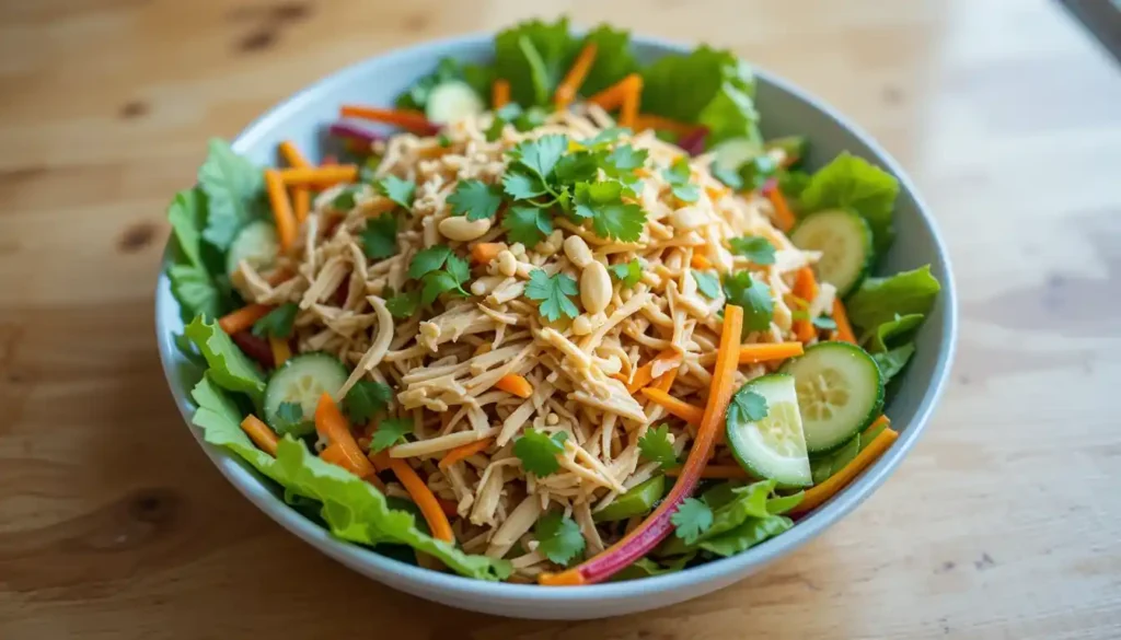 Fresh and vibrant Thai Chicken Salad with grilled chicken, colorful vegetables, herbs, and a tangy lime dressing, topped with crunchy peanuts and served in a bowl