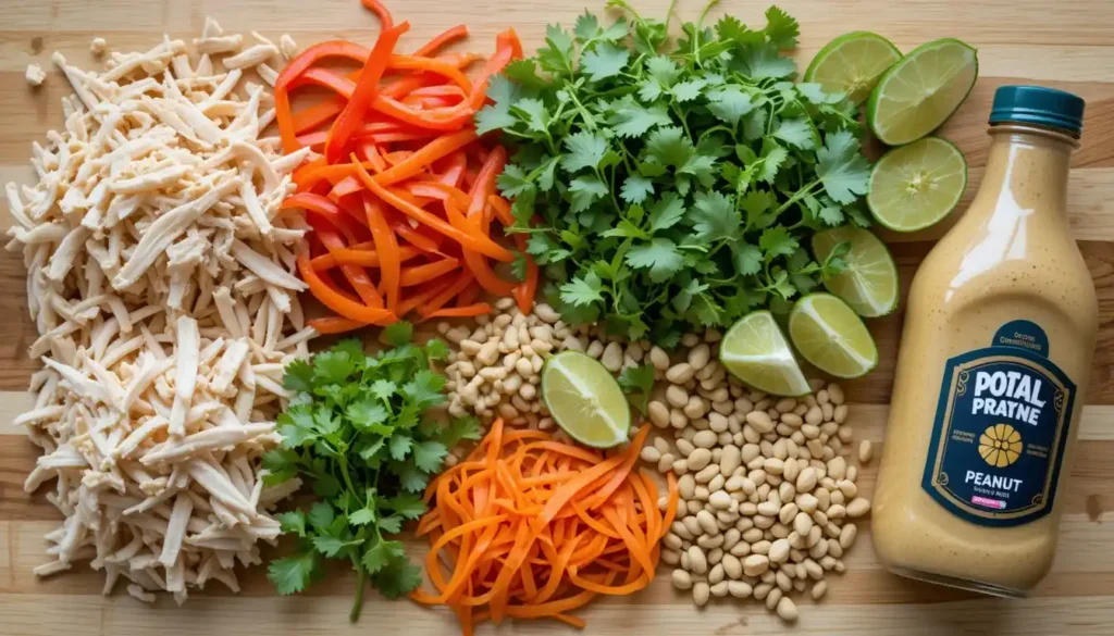 Fresh and vibrant Thai Chicken Salad with grilled chicken, colorful vegetables, herbs, and a tangy lime dressing, topped with crunchy peanuts and served in a bowl