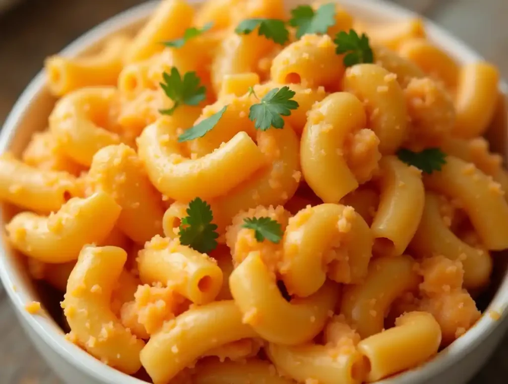 Buffalo Chicken Mac and Cheese Recipe 4 Close-up of creamy chicken mac and cheese baked with melted cheddar and golden breadcrumbs