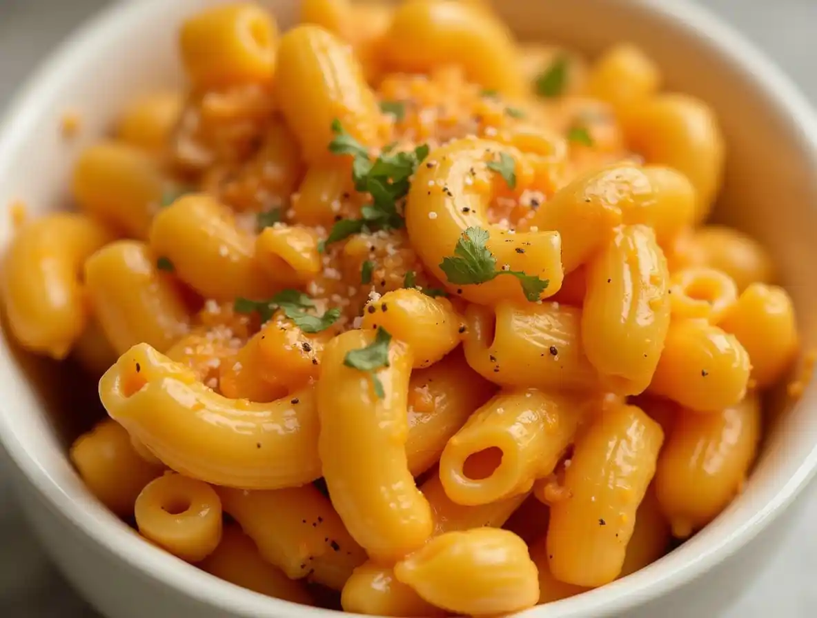 Close-up of creamy chicken mac and cheese baked with melted cheddar and golden breadcrumbs