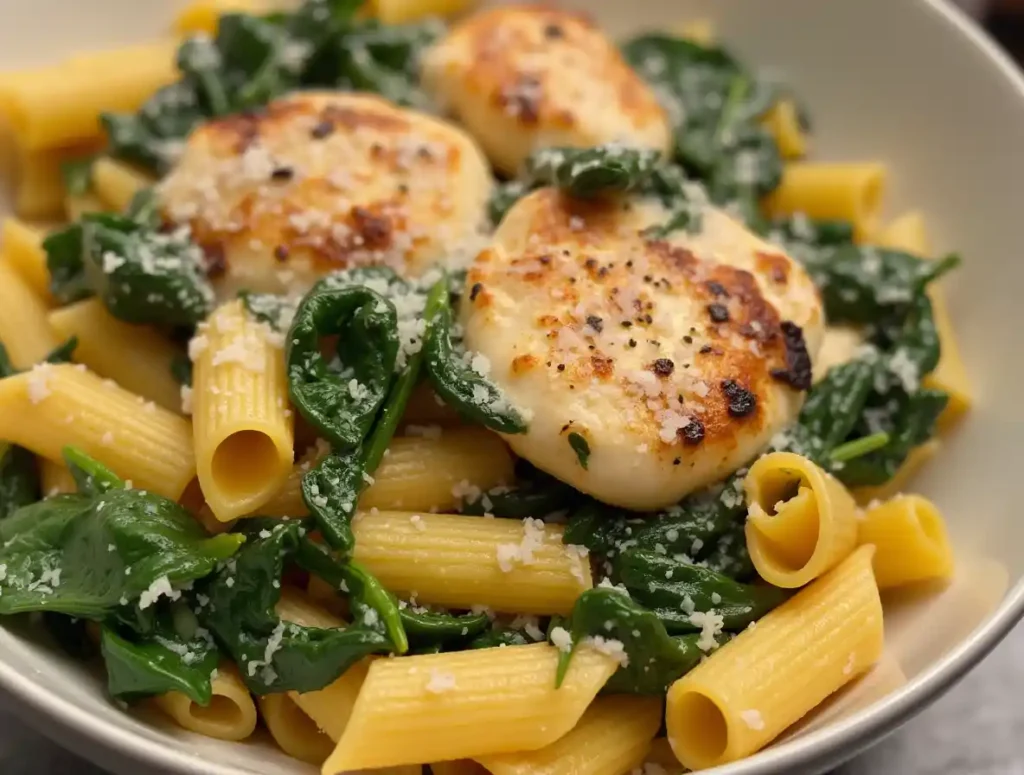 Creamy chicken spinach pasta with Parmesan and fresh basil