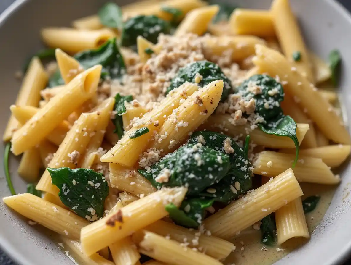 Creamy chicken spinach pasta with Parmesan and fresh basil