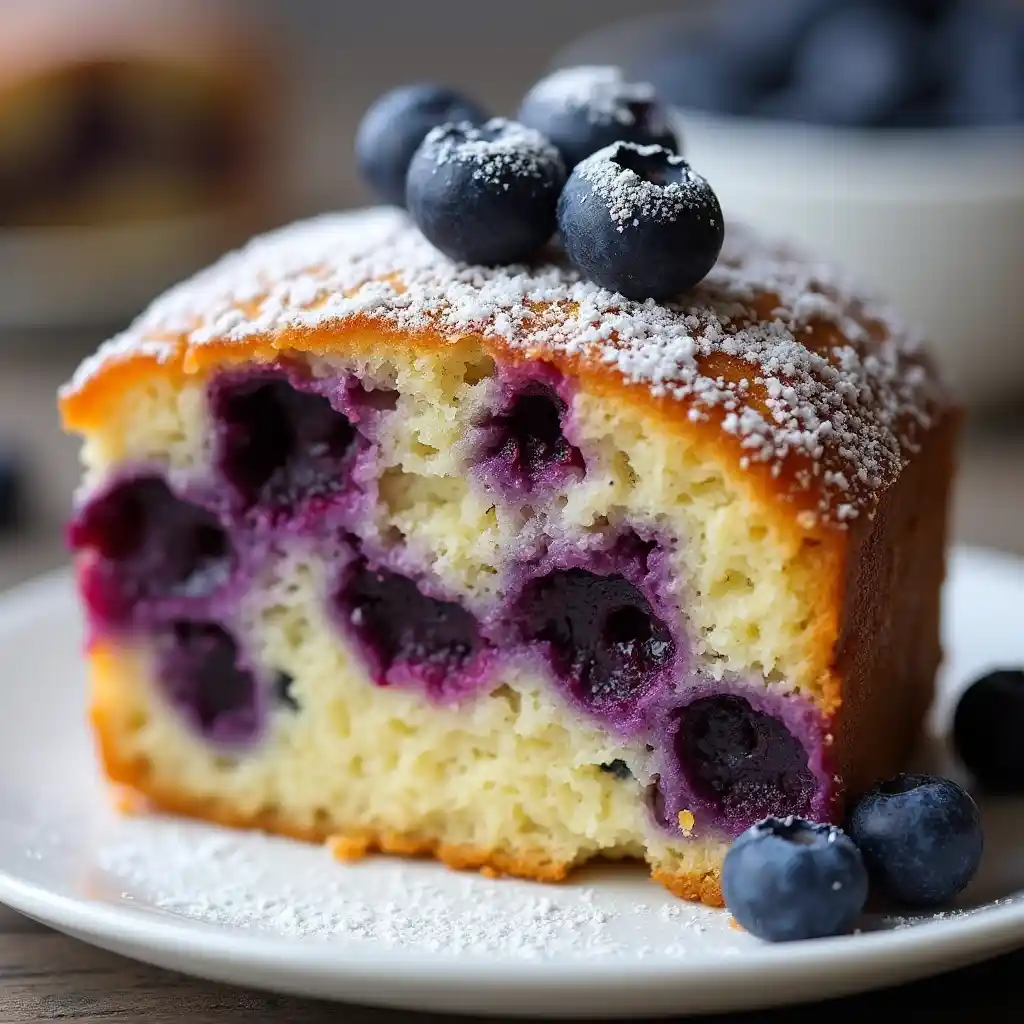 Lemon Blueberry Cake slice with fresh blueberries and lemon zest garnish