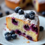 Lemon Blueberry Cake slice with fresh blueberries and lemon zest garnish