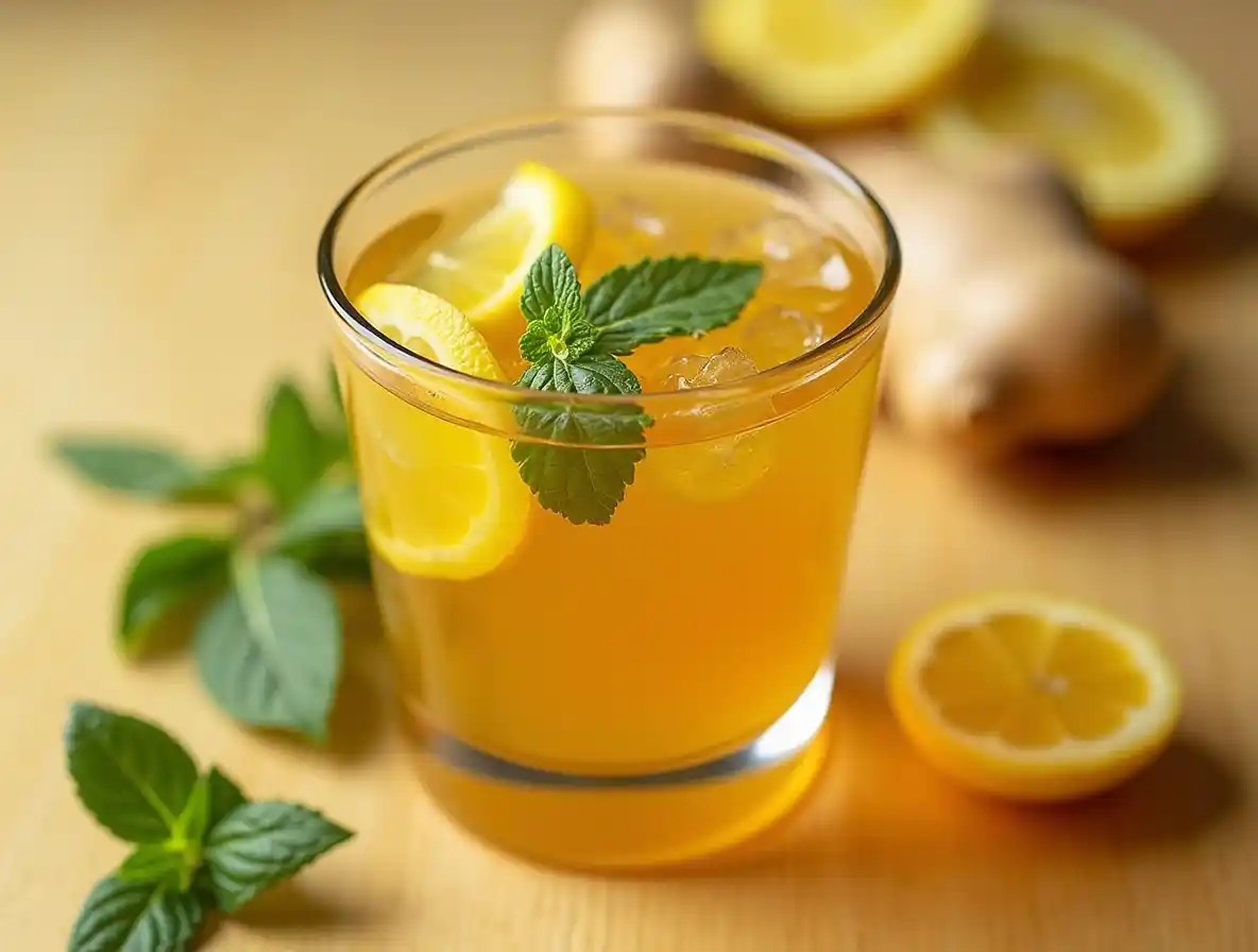 Cup of natural Mounjaro tea with fresh herbs on wooden table