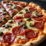 Stephen's Pizza Dough close-up with pepperoni, mushrooms, and green olives on a crispy golden-brown crust, topped with melted mozzarella cheese.