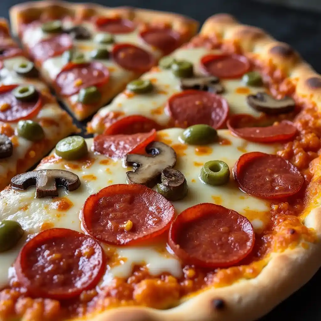 Stephen's Pizza Dough close-up with pepperoni, mushrooms, and green olives on a crispy golden-brown crust, topped with melted mozzarella cheese.