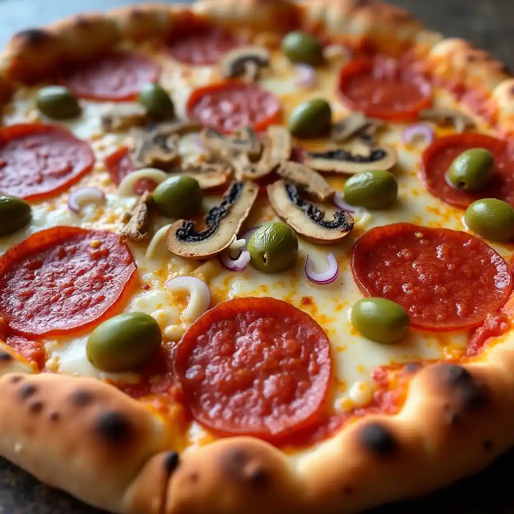 Stephen's Pizza Dough close-up with pepperoni, mushrooms, and green olives on a crispy golden-brown crust, topped with melted mozzarella cheese.