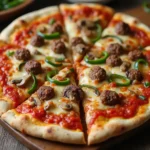 Thin-crust pizza dough rolled out and ready for toppings on a wooden board