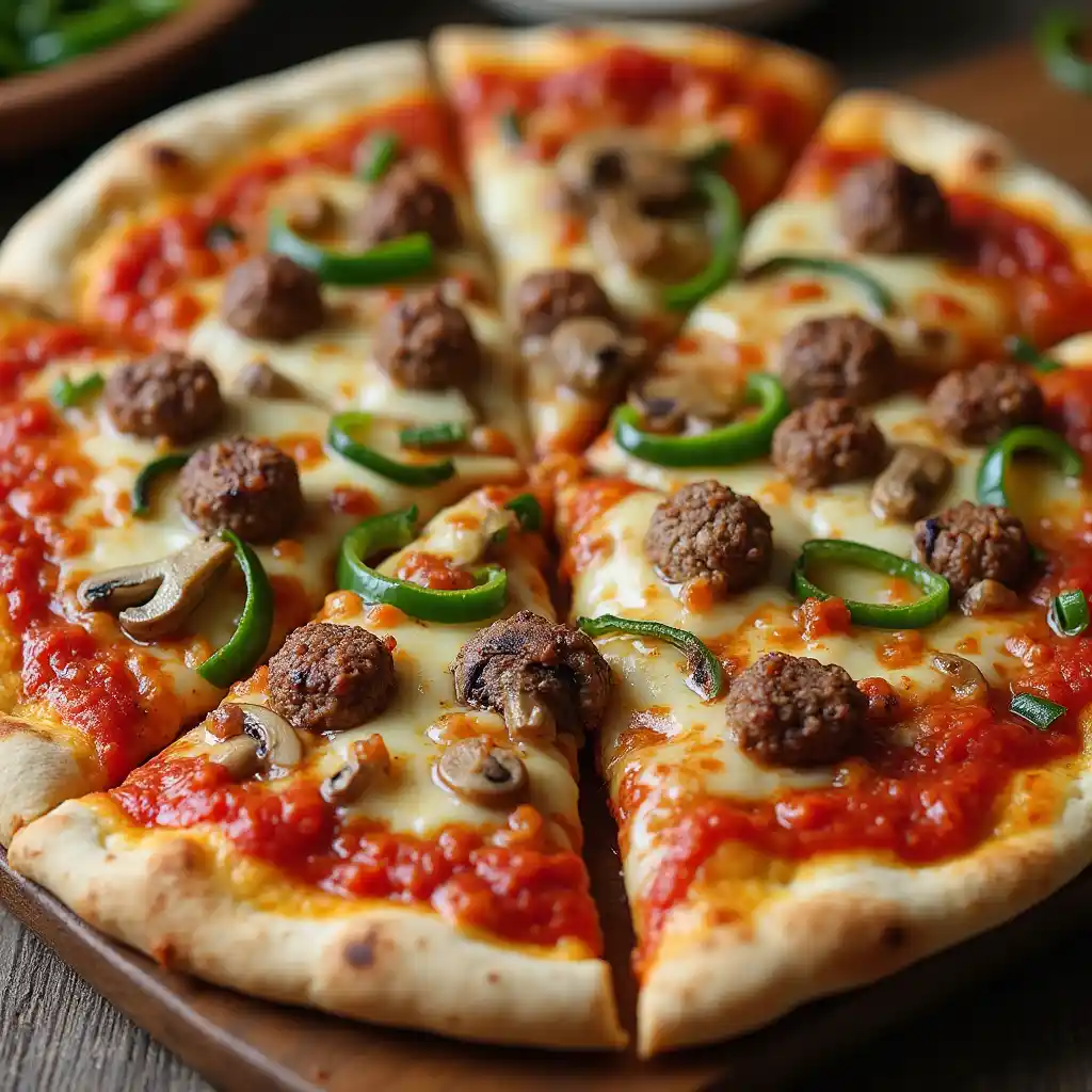 Thin-crust pizza dough rolled out and ready for toppings on a wooden board